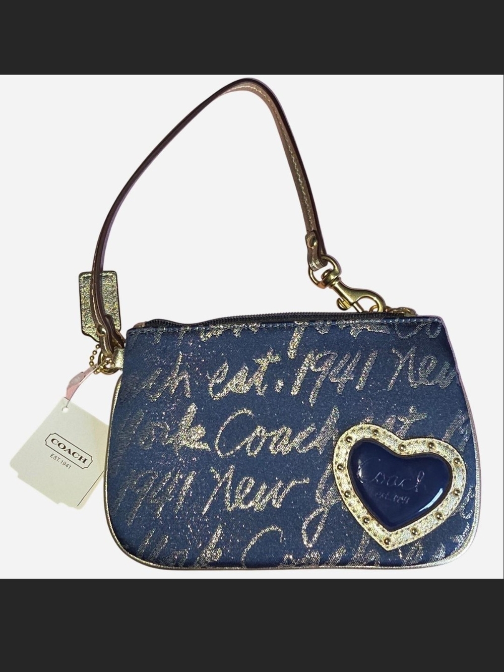 Coach Navy Script Heart Wristlet